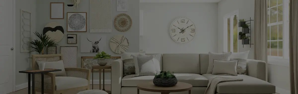 Ruang tamu bergaya bohemian modern dengan sofa krem, dekorasi dinding artistik, dan tanaman hijau — TooCozyhome